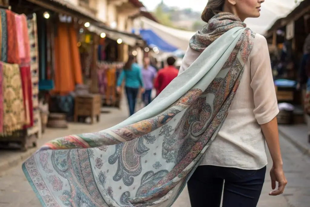 Women's lightweight paisley scarf in soft pastel tones, elegant and stylish