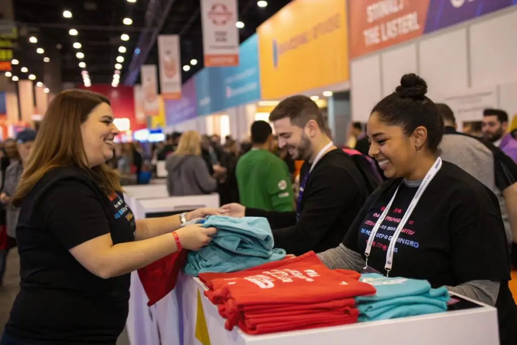 Attendees receiving promotional t-shirts at a trade event