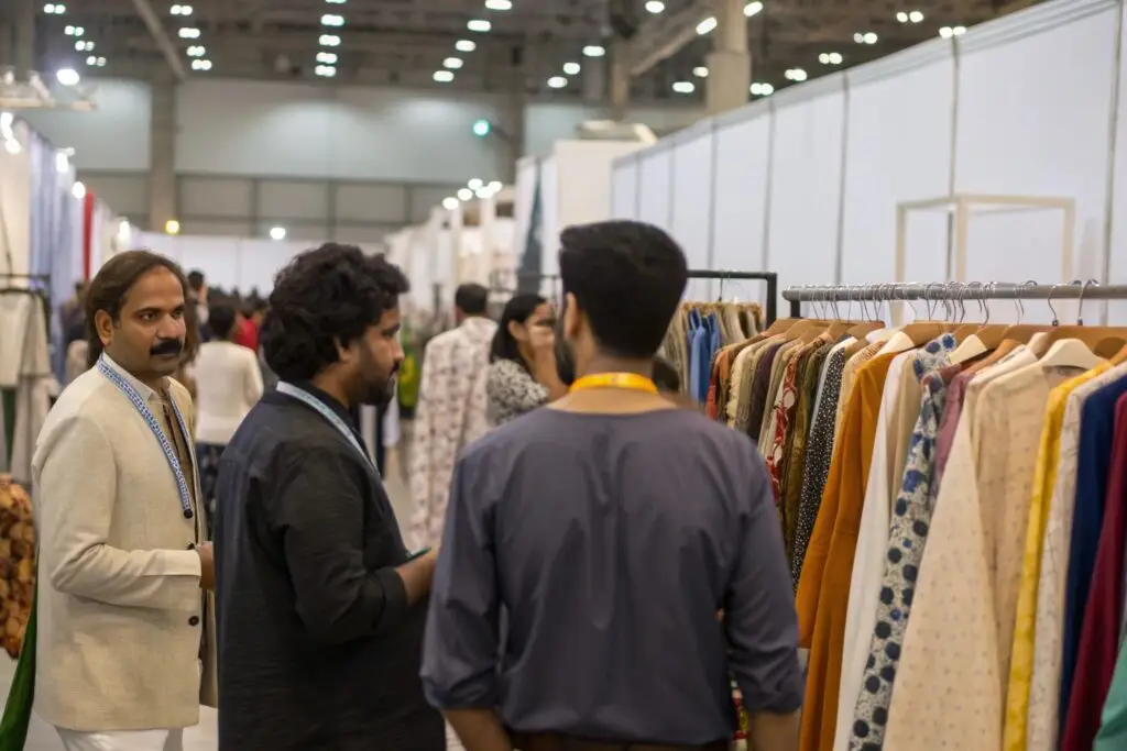 Buyers exploring booths at a busy textile trade show in India