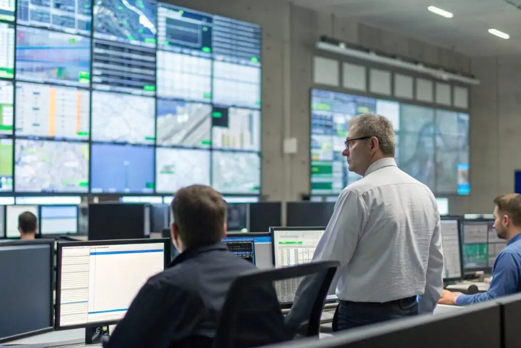 Control room with professionals monitoring real-time data on multiple screens
