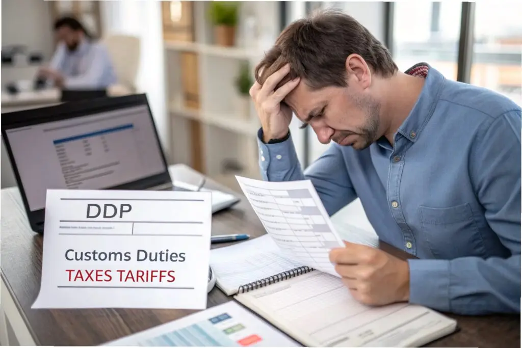 Logistics professional stressed while reviewing a shipment invoice with customs duties and taxes