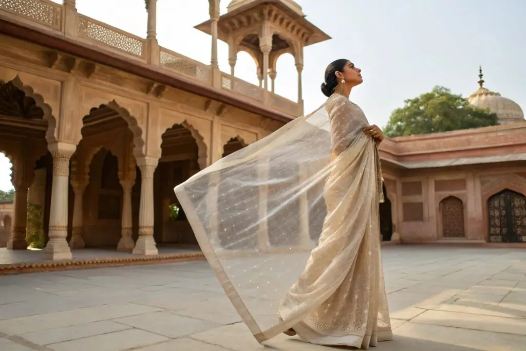 Elegant sheer gold saree with intricate detailing