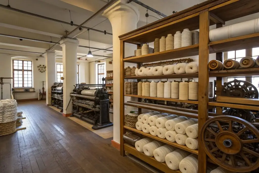 Shelves stocked with yarn spools in a traditional textile workshop