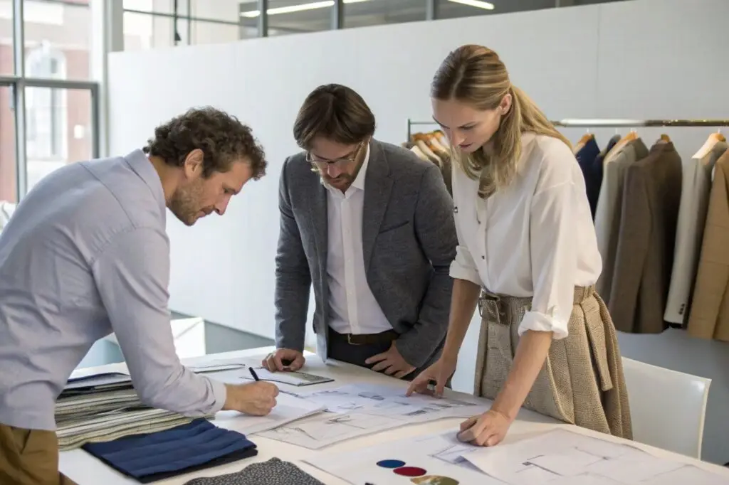 Fashion designers collaborating on new clothing collection