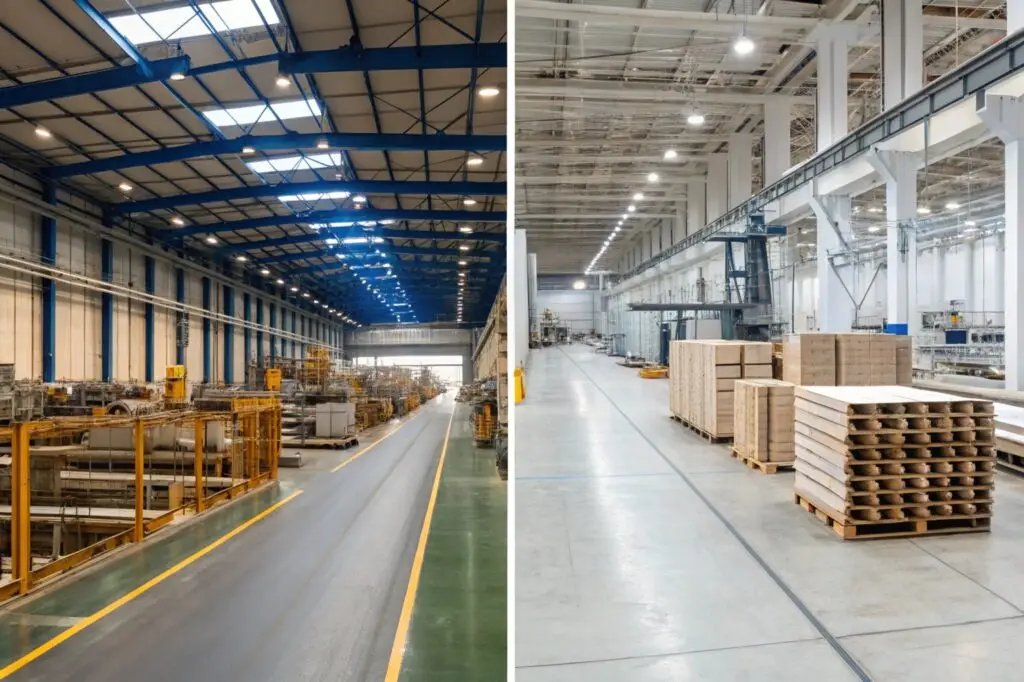 Comparison of old and modern industrial factory interiors