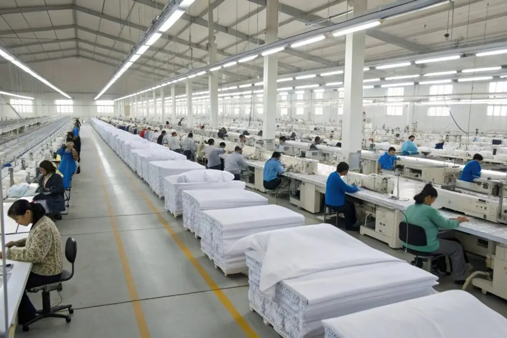 Large garment factory with workers sewing fabric on industrial machines