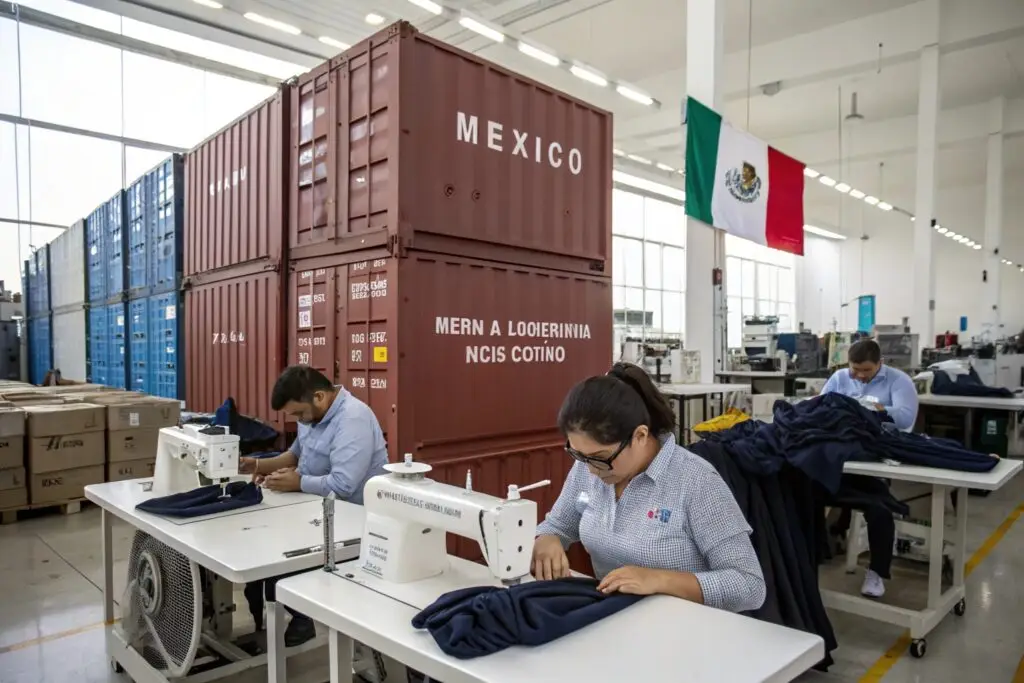 Workers sewing garments in a textile factory with shipping containers