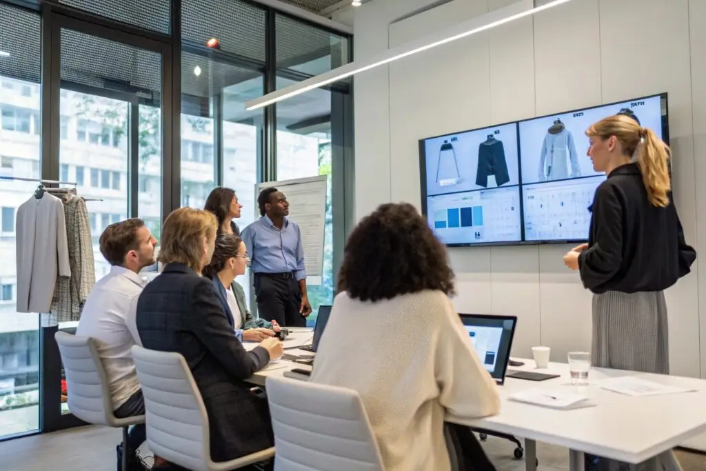 Fashion design team discussing apparel concepts in a meeting