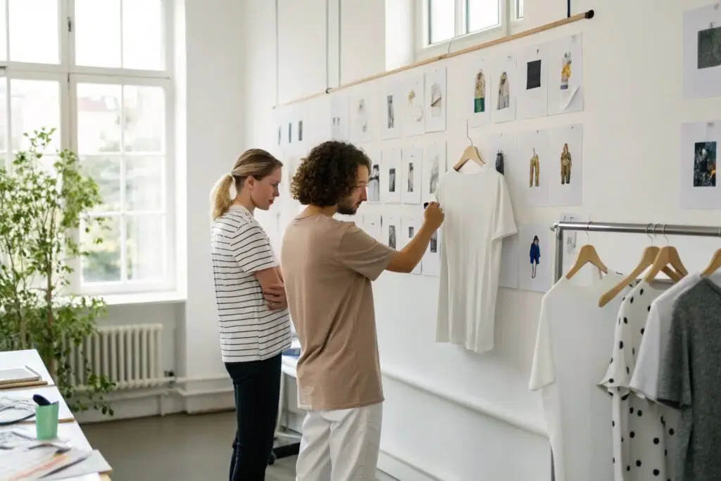 Fashion designers evaluating a T-shirt prototype in a creative workspace