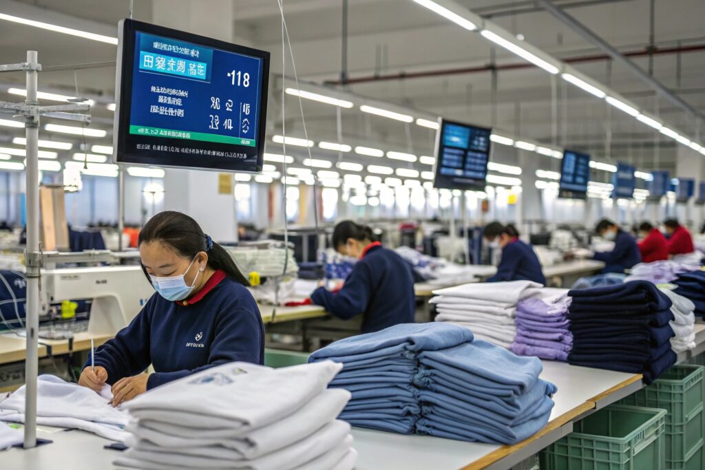 Workers inspecting and folding garments in a modern apparel factory