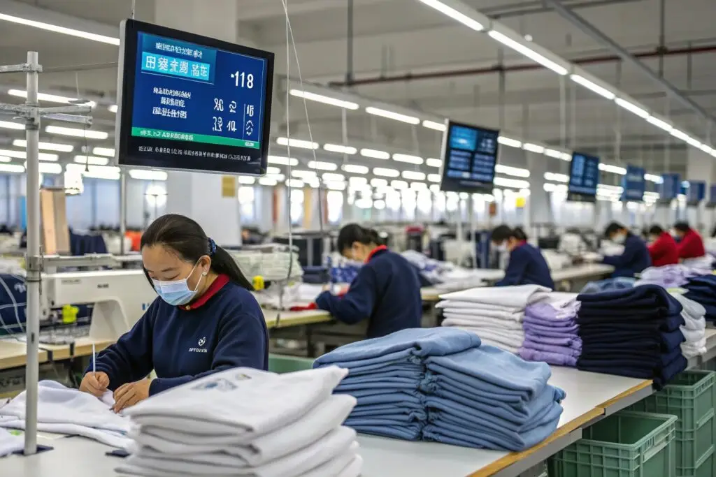 Workers inspecting and folding garments in a modern apparel factory