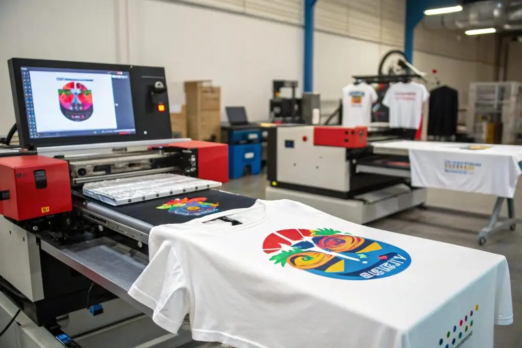 Modern apparel printing facility showcasing direct-to-garment (DTG) technology