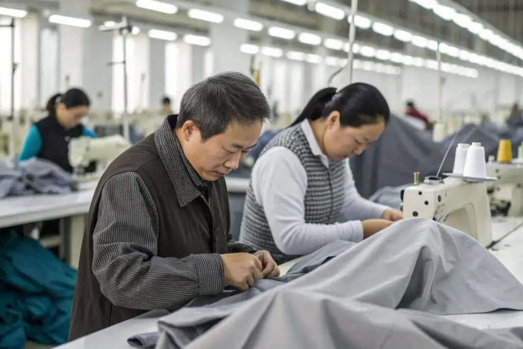Garment workers sewing gray fabric at production line in clothing factory