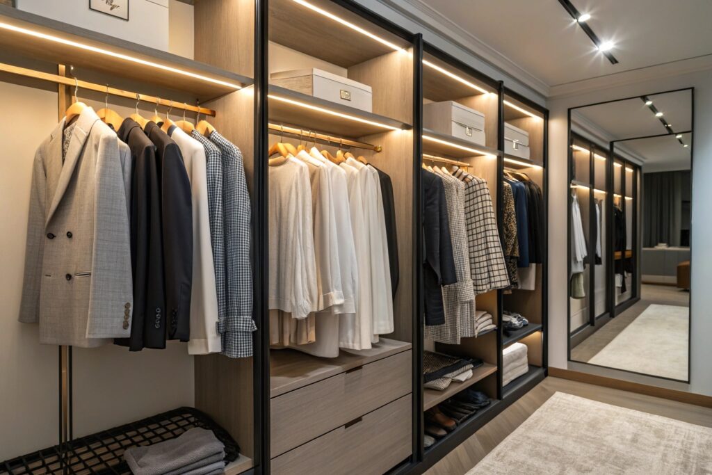 Modern walk-in closet with neatly arranged men's clothing, suits, and stylish storage