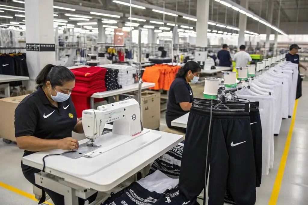 Workers sewing sportswear in a modern garment factory