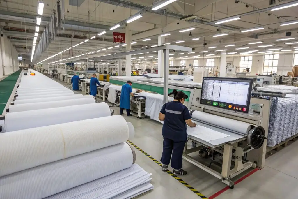 Modern clothing factory with automated fabric inspection and production lines