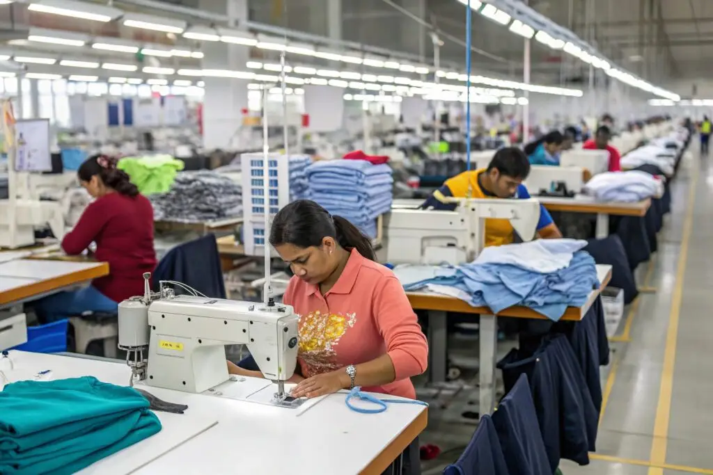 Skilled worker sewing garments in a modern factory