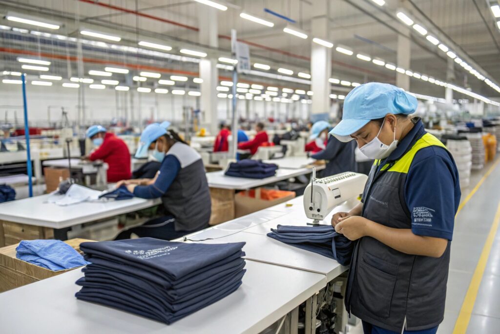 Workers sewing and inspecting garments in a modern clothing factory