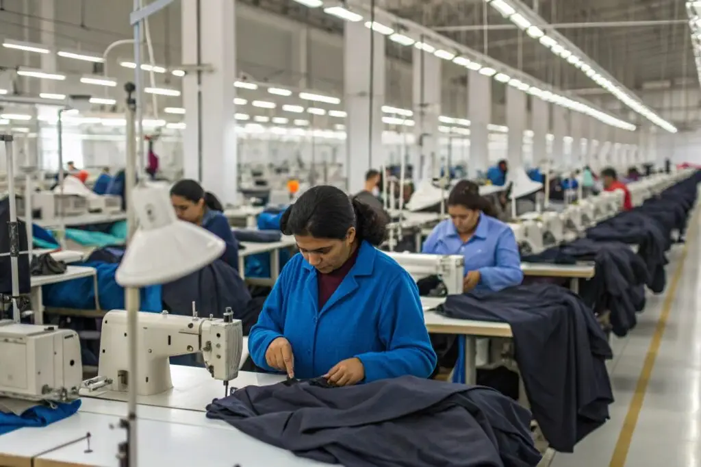 Workers sewing garments in a large clothing production facility