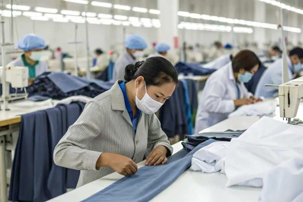 Workers sewing garments in a modern clothing factory