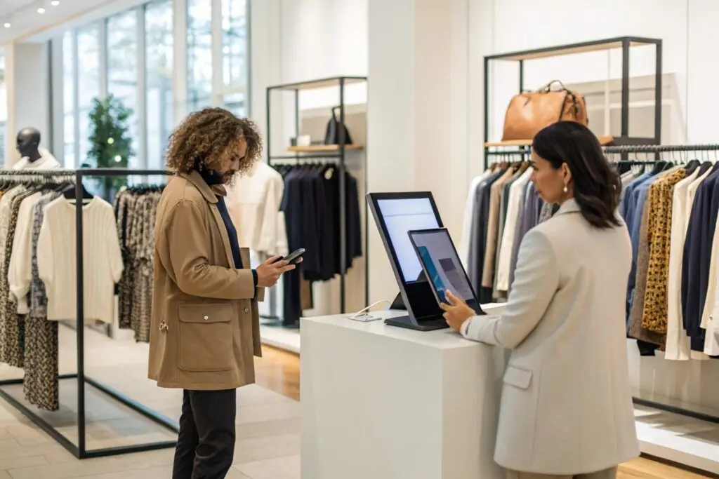 a modern clothing store combining in-person shopping with tech