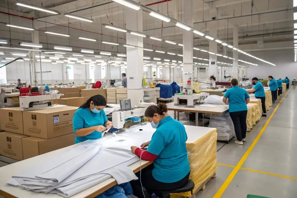 workers sewing and assembling garments in a modern cut and sew factory