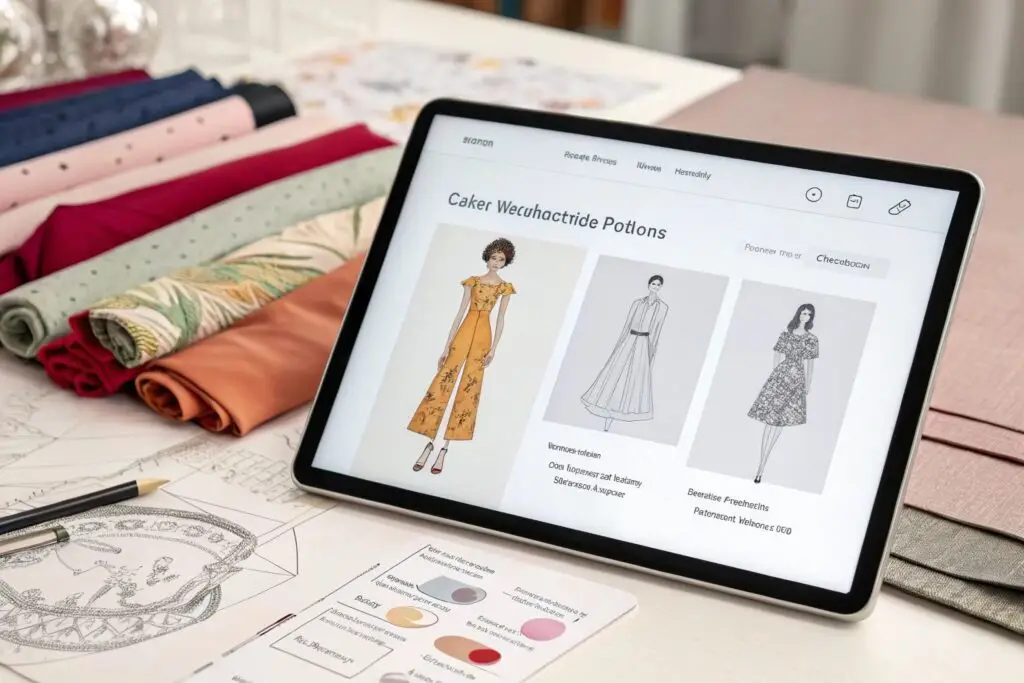 Digital fashion sketches and fabric selection on tablet