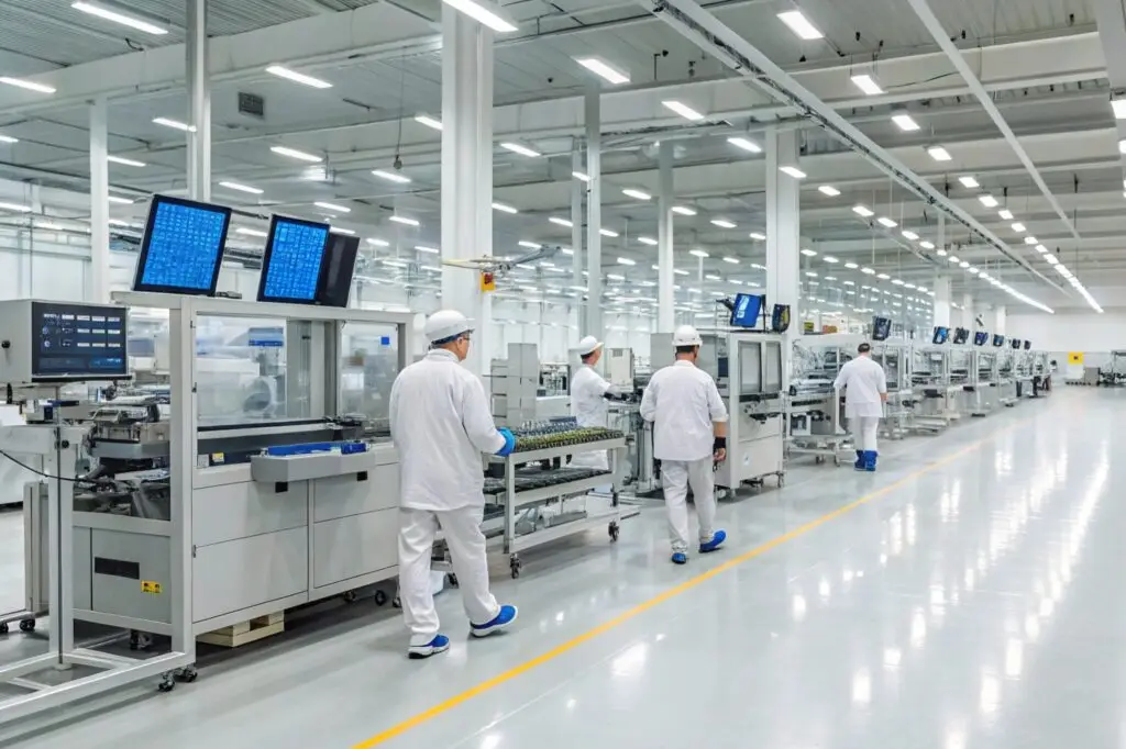 Workers monitoring an automated pharmaceutical production line