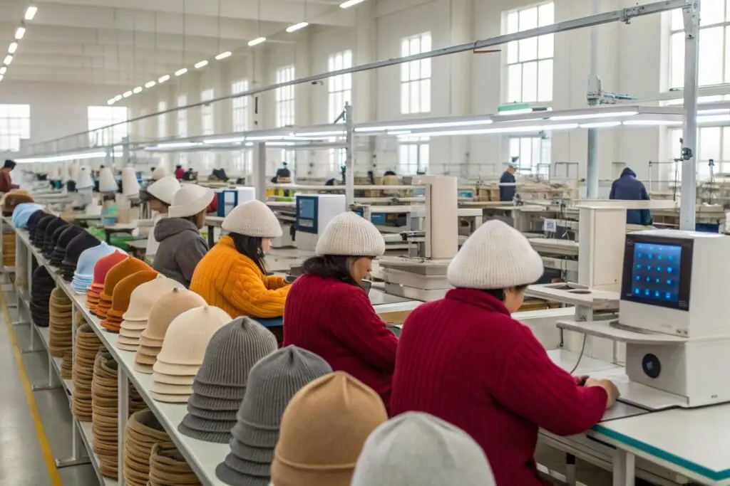 Workers producing knitted beanies in a garment factory