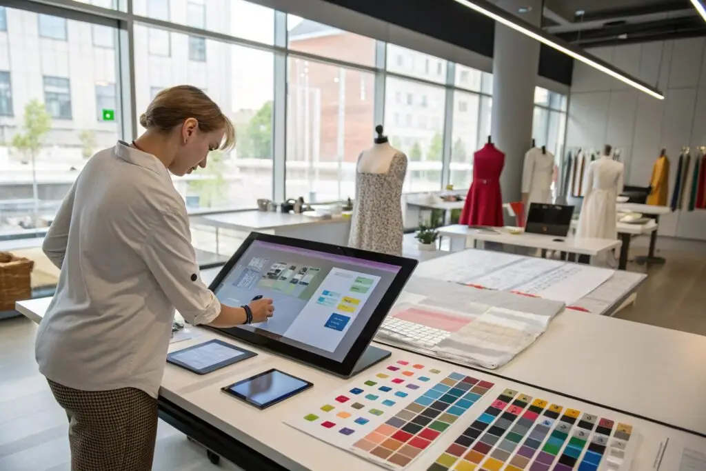 Fashion designer using digital tools for fabric selection