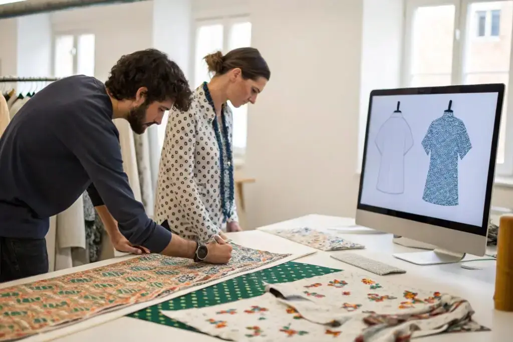 A modern fashion design studio where designers are creating custom patterns
