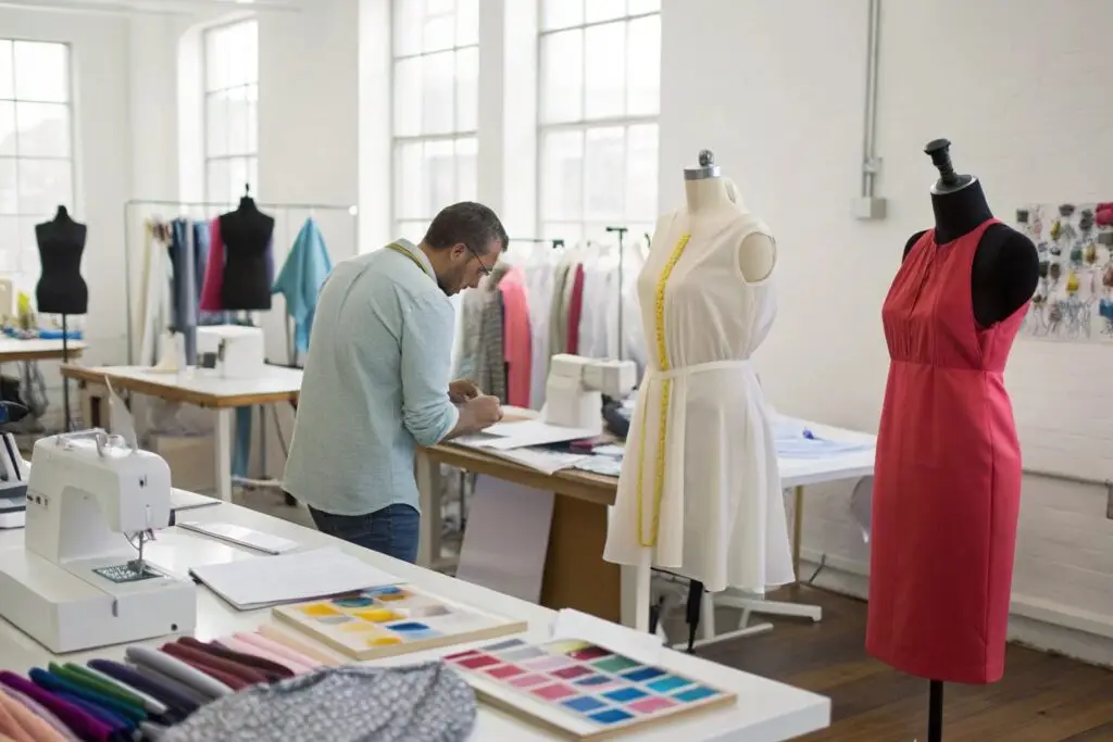 Modern fashion design studio where designers create and sketch dresses