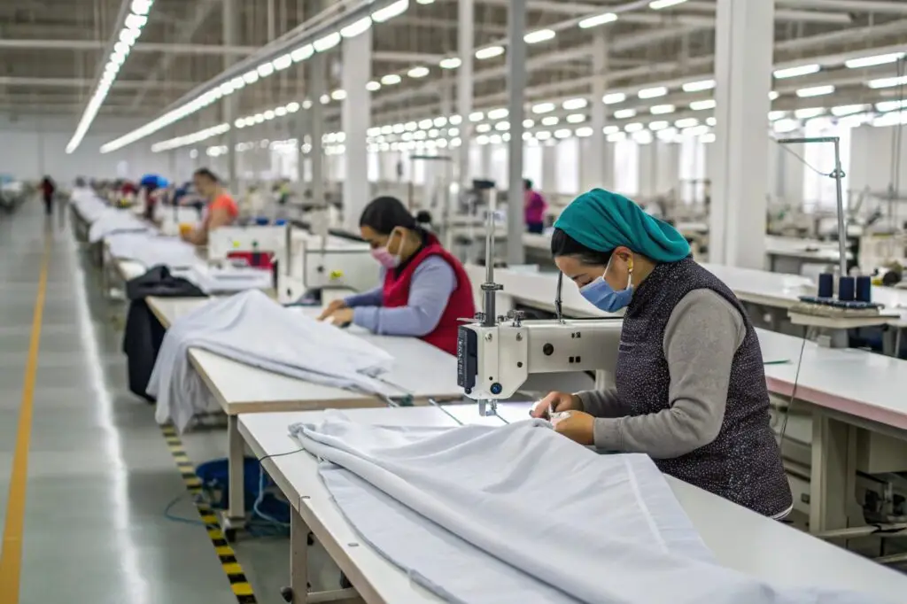 Workers sewing fabrics in a large garment manufacturing facility