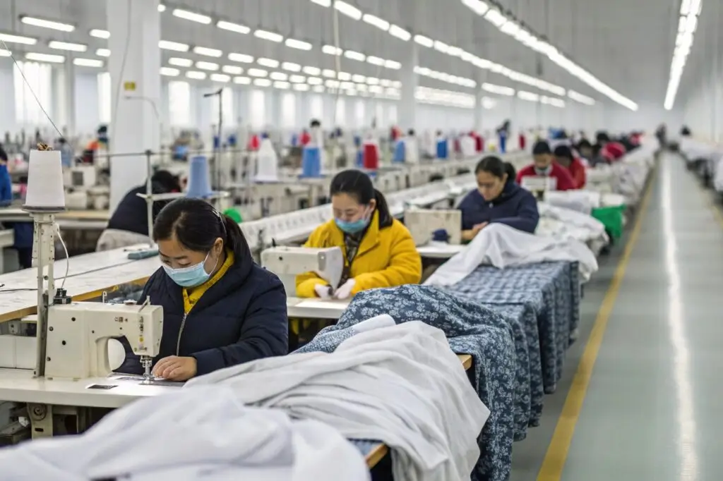 Garment workers sewing fabrics in a large clothing factory