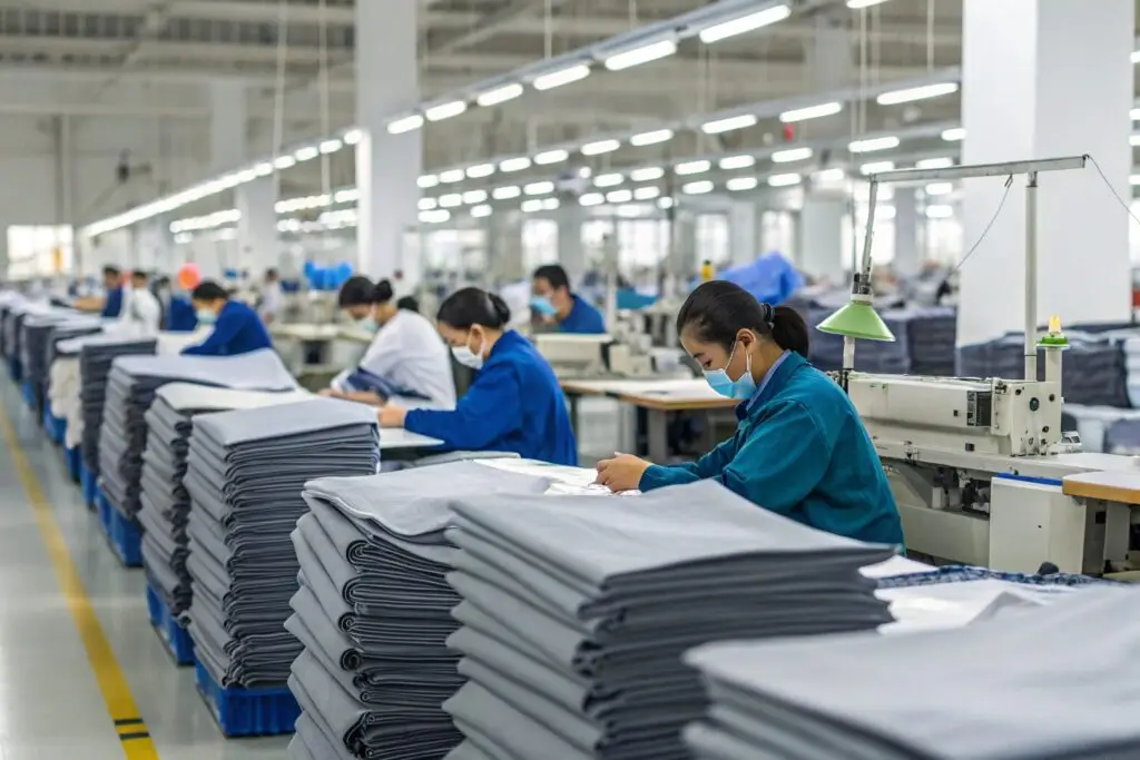 Workers sewing and inspecting garments in a large textile factory