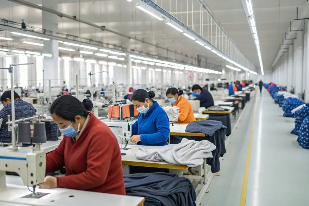 Textile workers sewing garments in a modern clothing factory