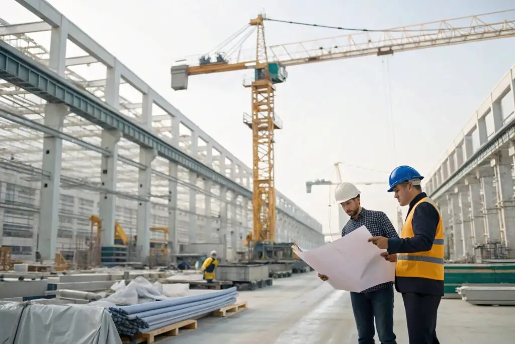 Engineers reviewing construction plans at an industrial site