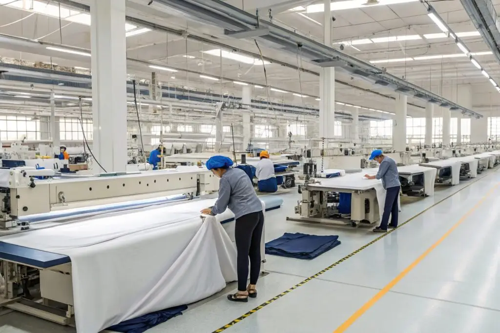 Workers preparing fabric in a large textile manufacturing facility