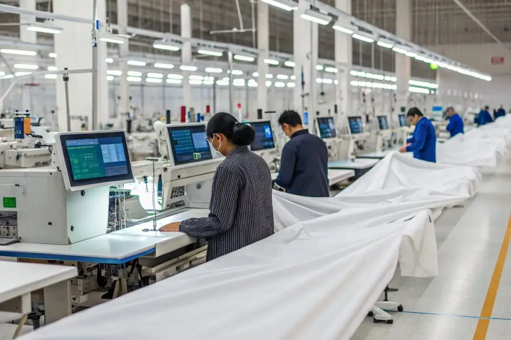 Workers using automated sewing machines in a garment factory