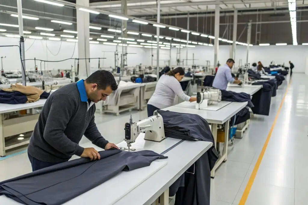 Garment factory workers sewing clothes, large-scale production facility
