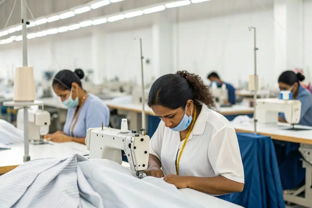 Garment factory workers sewing high-quality apparel
