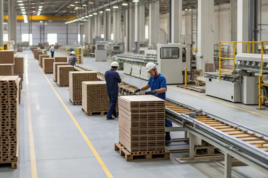 Workers handling packed materials in large factory
