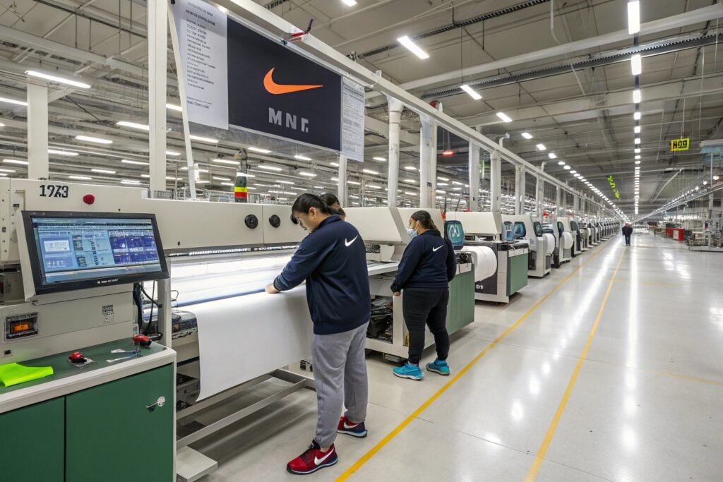 High-tech garment production facility with workers assembling fabric