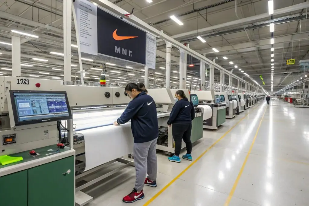 High-tech garment production facility with workers assembling fabric