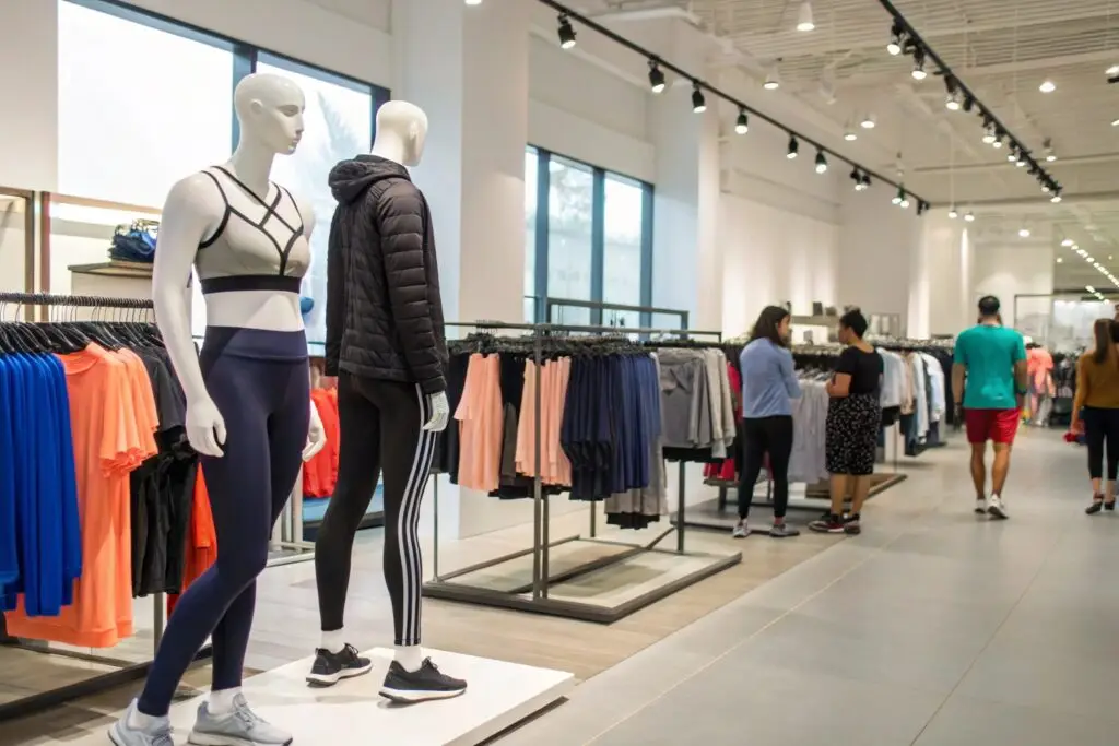 Modern sportswear retail store with mannequins and clothing racks