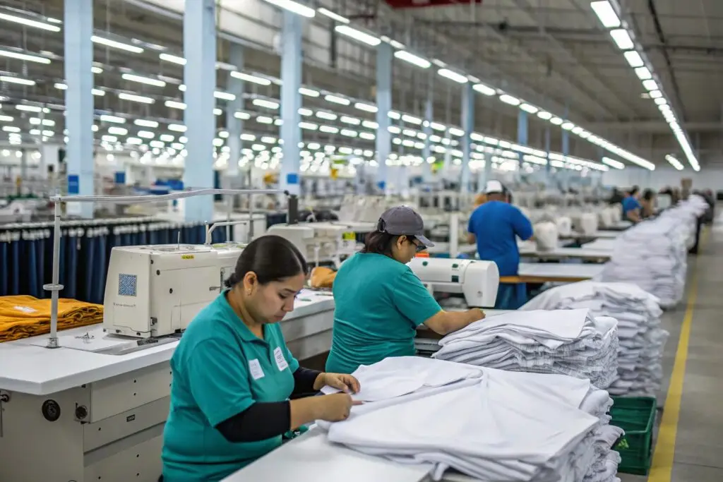 Modern T-shirt manufacturing factory with skilled workers