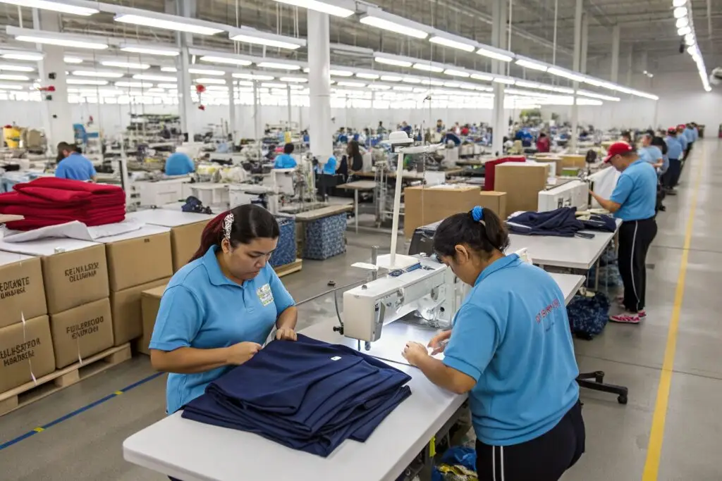 Skilled workers sewing high-quality garments in a modern factory