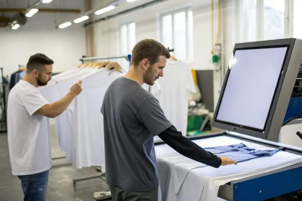 Two workers in a t-shirt printing studio, one operating a heat press machine