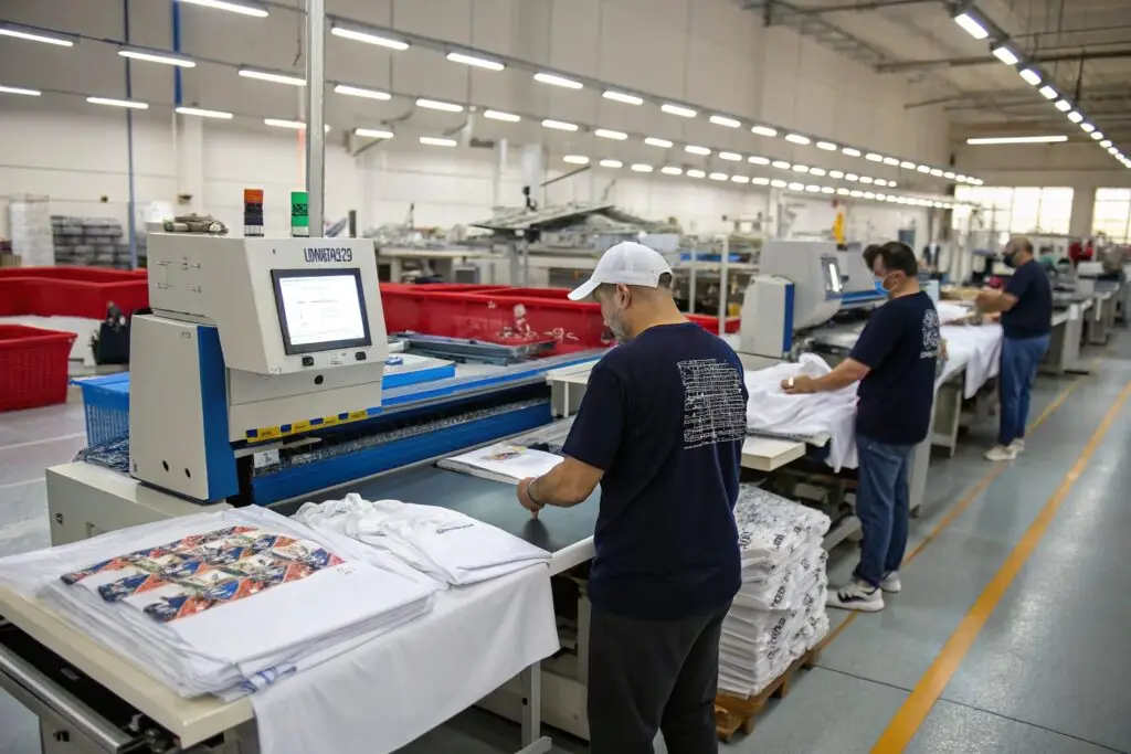 A modern t-shirt production facility with workers operating advanced printing machines