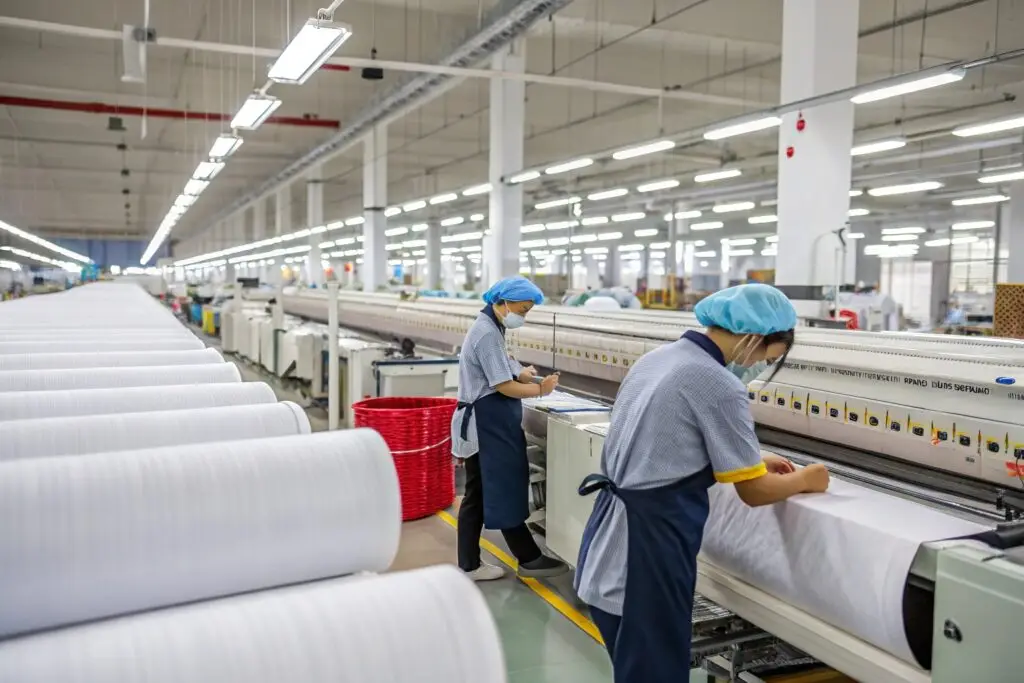 Workers inspecting fabric rolls in a large textile manufacturing factory